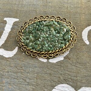 JADE large Vintage Style Green Stone Brooch 70mm